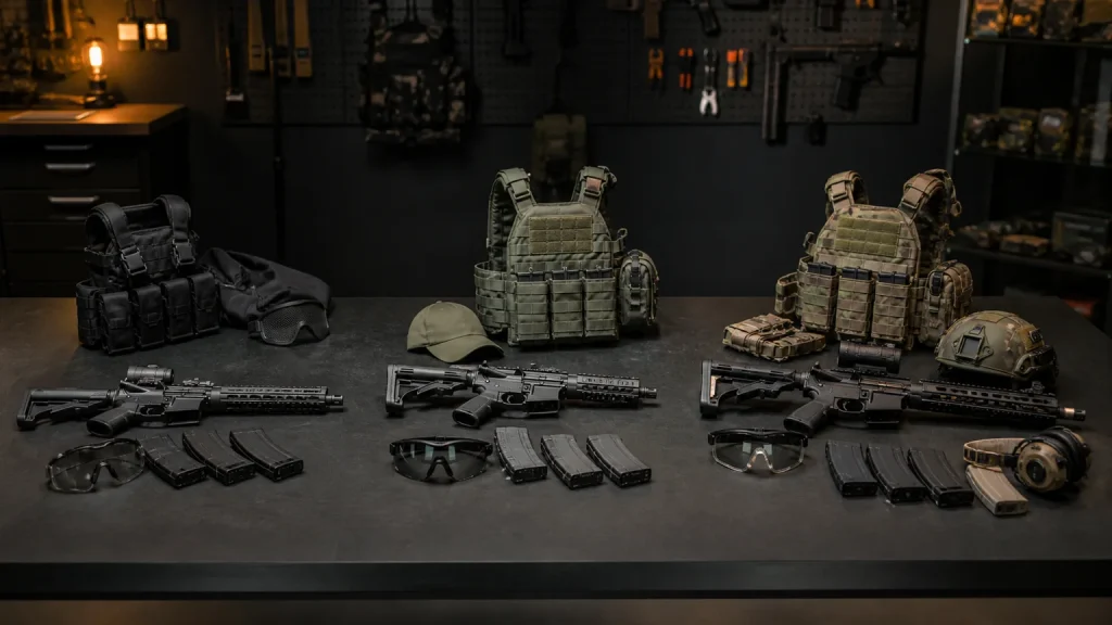 Mesa de comparación con tres configuraciones genéricas de airsoft organizadas por presupuesto